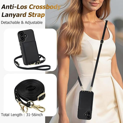 LOHASIC for iPhone 17 Case Wallet with Detachable Crossbody Strap & Wrist Lanyard, RFID Blocking, 4 Card Slots 2 Cash Pockets, Leather Case with Card Holder for Women Girls, Black
