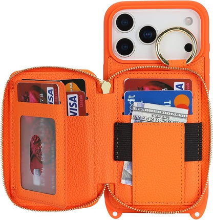 Crossbody Wallet Case for iPhone 17 Pro Max, PU Leather Zipper Handbag Purse Flip Cover, Kickstand Folio Case with Card Slots Holder Wrist Strap Lanyard 5G 6.9 Inch-Orange