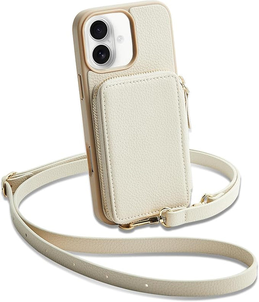 ZVE for iPhone 17 Case Wallet with Card Holder, Crossbody Phone Puese with Wrist Strap for Women 6.3" Beige