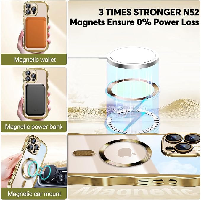 Misscase Designed for iPhone 16 Pro Max Case 6.9",with Privacy Screen Protector*1,Cute Wave Frame Case with Camera Lens Protector,Compatible with MagSafe Plating Bling for Women Gold