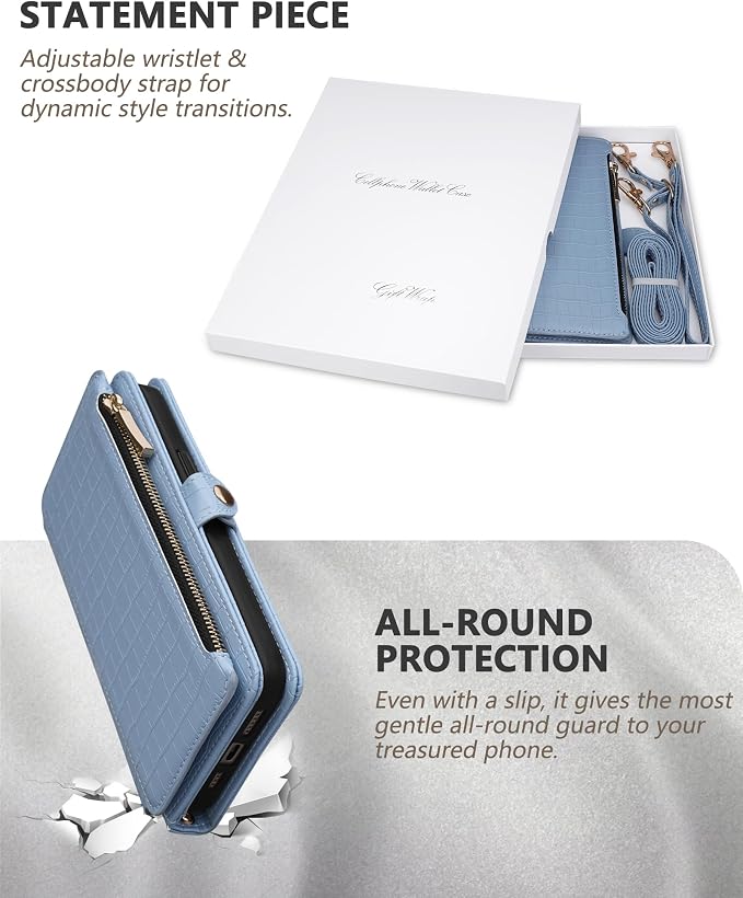 Crossbody Wallet Case for iPhone 15 Pro with Mirror, Wrist Strap, Zipper Purse Magnetic Flip RFID Blocking Card Holder, Wireless Charging, PU Leather Shockproof 6.1" Women (Blue)
