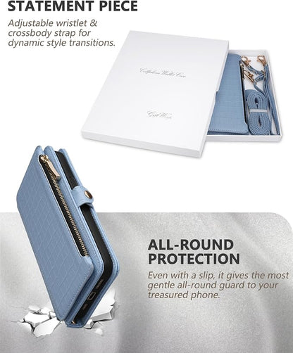 Crossbody Wallet Case for iPhone 15 Pro with Mirror, Wrist Strap, Zipper Purse Magnetic Flip RFID Blocking Card Holder, Wireless Charging, PU Leather Shockproof 6.1" Women (Blue)
