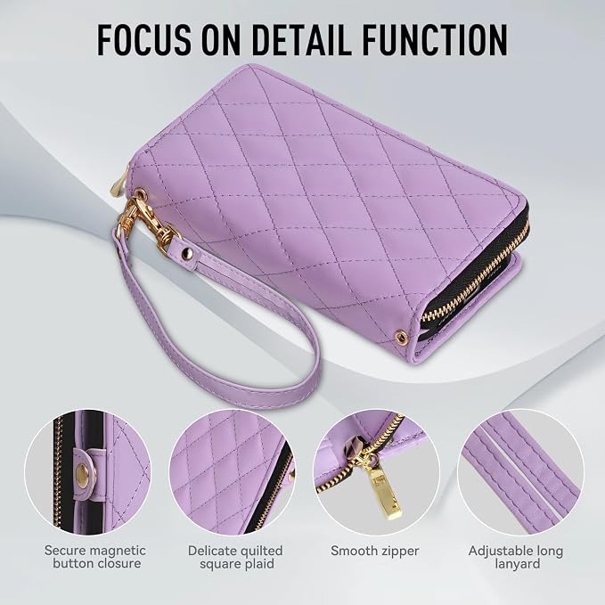 Rssviss Crossbody Case for iPhone 17 Pro Case Wallet, RFID Blocking Leather with Card Holder Kickstand, Handbag Zipper Flip Cover with Wrist Strap for iPhone 17 Pro Men Women 6.3", Purple