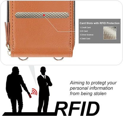 KIHUWEY Crossbody Wallet Case for iPhone 15 Pro Max, Zipper Pocket Case with Card Holder, PU Leather RFID Blocking Protective Cover with Kickstand and Detachable Wrist Strap Lanyard, 6.7" (Brown)