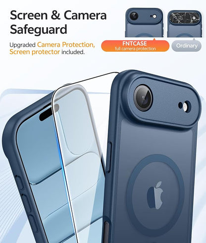 FNTCASE for iPhone Air Case: [Compatible with Magsafe] Translucent Matte Cases with [Full Camera Protection] [Screen Protector] Military Grade Shockproof Protective Phone Cover - Blue