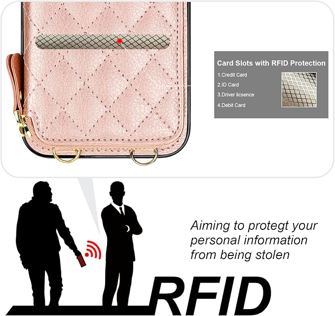 Bocasal Crossbody Wallet Case for iPhone 15 Pro, RFID Blocking PU Leather Zipper Handbag Purse Flip Cover, Kickstand Folio Case with Card Slots Holder Wrist Strap Lanyard 5G 6.1 Inch (Rose Gold)