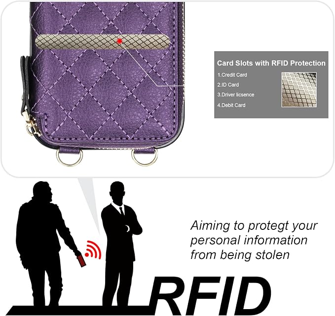 Bocasal Crossbody Wallet Case for iPhone 17 Pro, RFID Blocking PU Leather Zipper Handbag Purse Flip Cover, Kickstand Folio Case with Card Slots Holder Wrist Strap Lanyard 5G 6.3 Inch (Dark Purple)