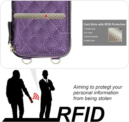 Bocasal Crossbody Wallet Case for iPhone 17 Pro, RFID Blocking PU Leather Zipper Handbag Purse Flip Cover, Kickstand Folio Case with Card Slots Holder Wrist Strap Lanyard 5G 6.3 Inch (Dark Purple)