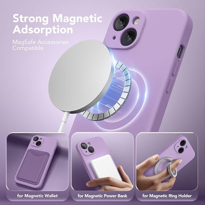 Magnetic for iPhone 15 Case, Compatible with MagSafe, [Screen Protector + Full Camera Protection], Silicone Shockproof Anti-Scratch Protective Phone Case for iPhone 15 6.1", Light Purple