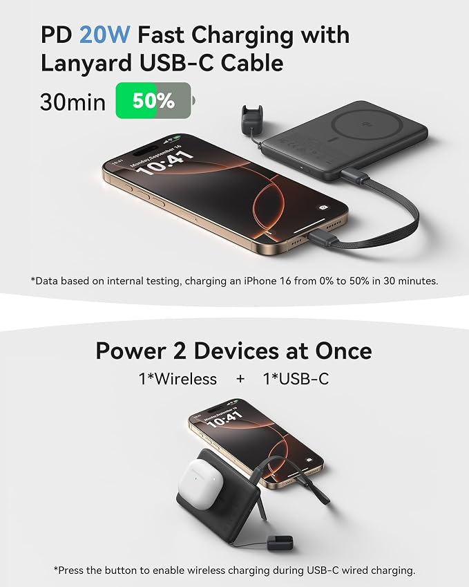 INIU Magnetic Portable Charger, Slim Qi2 Certified 5000mAh 20W Magnetic Power Bank, USB C in&Out Wireless Battery Pack Phone Charger, Only for iPhone 16/15/14/13/12 Series, Purple