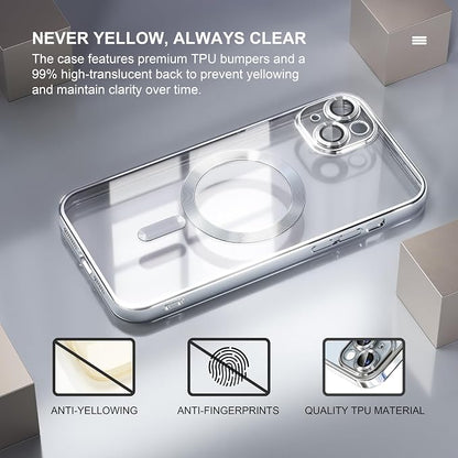Misea Magnetic for iPhone 15 Plus Case Compatible with MagSafe [Never Yellowing] [Military Grade Drop Protection] Full Camera Lens Protector Plating Soft Clear Phone Case for Women, Silver