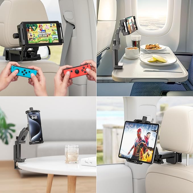 KDD Car Headrest Tablet Holder Mount, 360°Adjustable iPad Stand for Car Back Seat and Desk, Road Travel Essentials Accessory Compatible with iPad Pro,Air, Switch, Galaxy, 4.7-12.9" Phone and Tablet