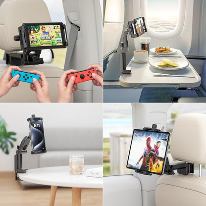 KDD Car Headrest Tablet Holder Mount, 360°Adjustable iPad Stand for Car Back Seat and Desk, Road Travel Essentials Accessory Compatible with iPad Pro,Air, Switch, Galaxy, 4.7-12.9" Phone and Tablet
