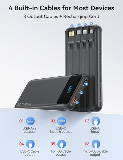 Portable Charger, 10000mAh 22.5W Fast Charging Power Bank with 4 Built-in Cables, Travel Essentials Battery Pack with LED Display, 6 Outputs Charging Bank Compatible with iPhone, iPad, Samsung Black