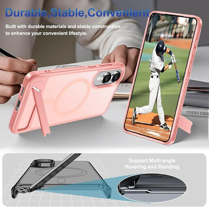 RMOCR for Samsung Galaxy S25 Edge Case with Screen Protector+Lanyard Wrist Strap,Magnetic Translucent Matte Rugged Slim Phone Cover Built in Invisible Kickstand [Fit for MagSafe],2025 Cute Pink