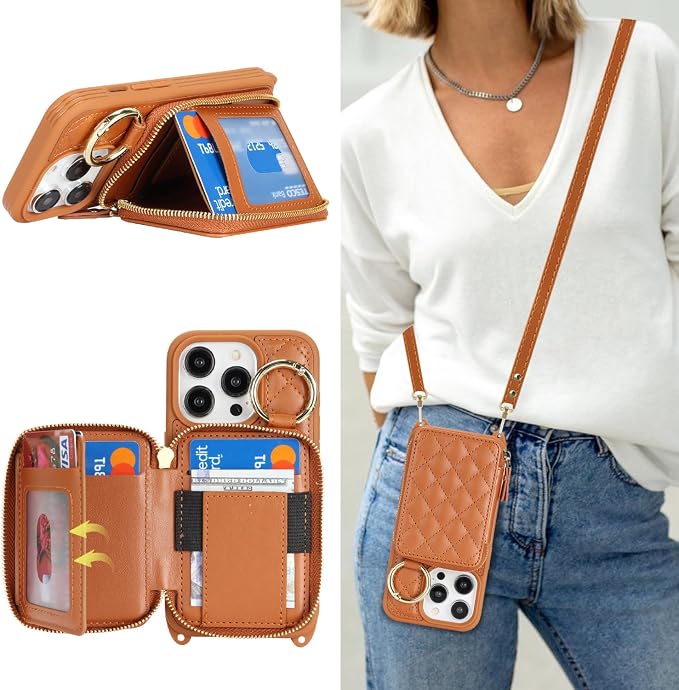 Crossbody Wallet Case for iPhone 14 Pro, PU Leather Zipper Handbag Purse Flip Cover, Kickstand Folio Case with Card Slots Holder Wrist Strap Lanyard 5G 6.1 Inch-Brown