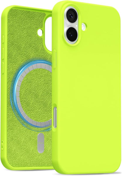 for iPhone 16 Case Silicone Compatible with Magsafe Case, Ultra Slim Thin Magnetic Phone Cases Mag Safe, Cute Soft Rubber Gel TPU Matte Plain Wireless Charging Cover for Women, Neon Green
