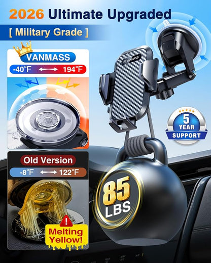 VANMASS [Longest Lasting] True Military-Grade Car Phone Holder Strongest Suction & Clip Cell Mount Dashboard Windshield Vent Automobile Cradle Truck Accessories for iPhone 16 15 Pro Max 14 13 Android