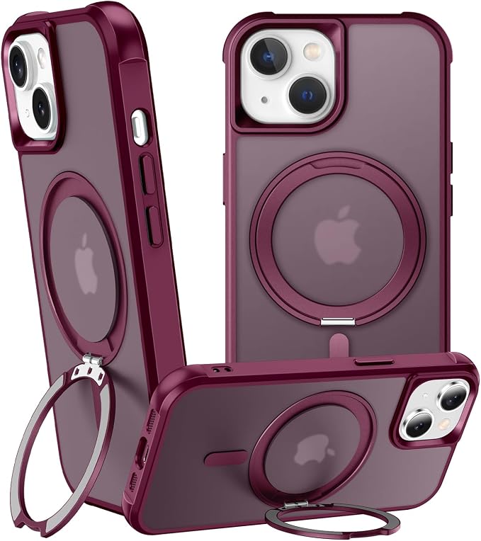 360° Magnetic Swivel Ring for iPhone 14 case, Built-in Metal Stand and Ring Holder, Magsafe Compatible, Military Grade Protection, Shock and Vibration Resistant - Wine Red