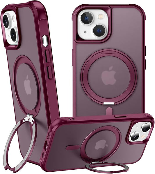 360° Magnetic Swivel Ring for iPhone 15 Plus case, Built-in Metal Stand and Ring Holder, Magsafe Compatible, Military Grade Protection, Shock and Vibration Resistant - Wine Red