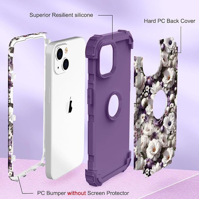 Hocase for iPhone 14 Case/iPhone 13 Case, Heavy Duty Shockproof Protection Soft Silicone Rubber+Hard Plastic Bumpers Hybrid Protective Case for iPhone 13/14 (6.1") - White Flowers