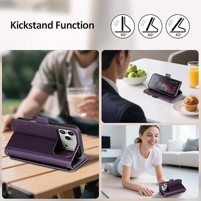 Antsturdy Compatible with Magsafe Magnetic 2 in 1 Detachable iPhone 17 Pro Wallet Case with Credit Card Holder Slots,PU Leather RFID Blocking Phone Cover Wrist Strap Zipper Women Men,Purple