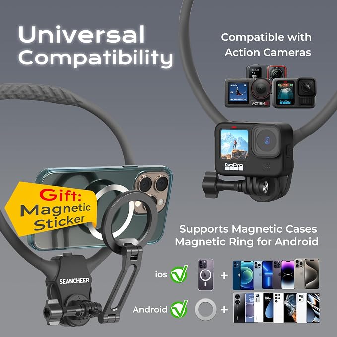 【2026 Extended Long】 Magnetic Neck Mount for Phones, 27.6" Hands-Free POV/Vlog Phone Holder for iPhone 17–12 & Android, Content Creator Essentials for Go Pro DJI, Comfortable Natural Shooting Angle