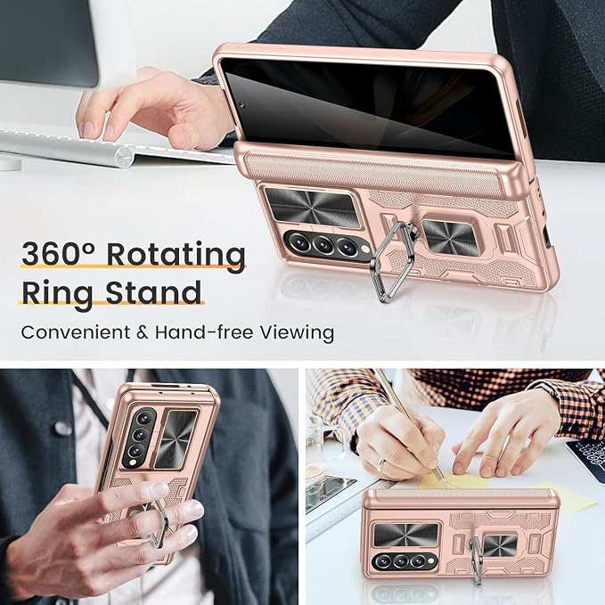 VEGO for Galaxy Z Fold 4 Case with Kickstand Built-in Screen Protector | Anti-Peeping & Anti-Scratches[Slide Lens Cover][Hinge Protection]Full Body Shockproof Phone Case for Samsung Fold 4-Rose Gold