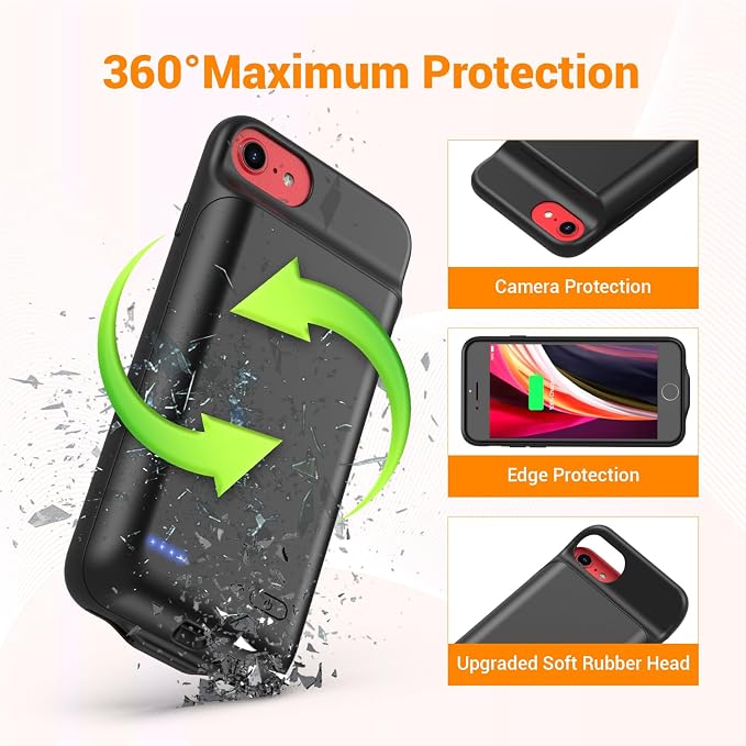 Battery Case for iPhone iPhone 8/7/6s/6/SE 3/SE 2 (4.7-inch), Upgraded High Capacity 7000mAh Rechargeable Battery Pack Charger Case with External Charging Function and Tempered Glass Screen Protector