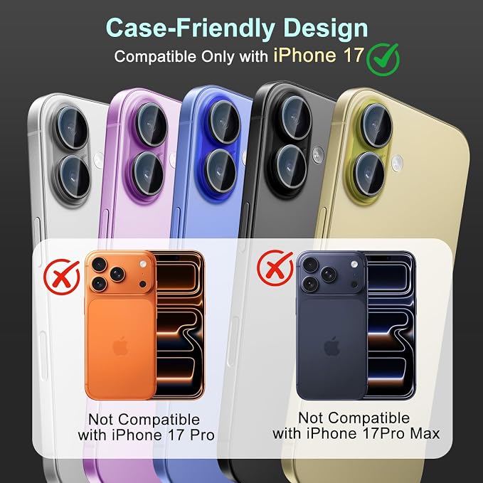 2 Pack Camera Lens Protector for iPhone 17 (6.3"), [AR+AF Coating] HD Clear Tempered Glass Lens Cover, 9H Hardness, Scratch Resistant, Anti-Fingerprint, Case Friendly, Easy Installation
