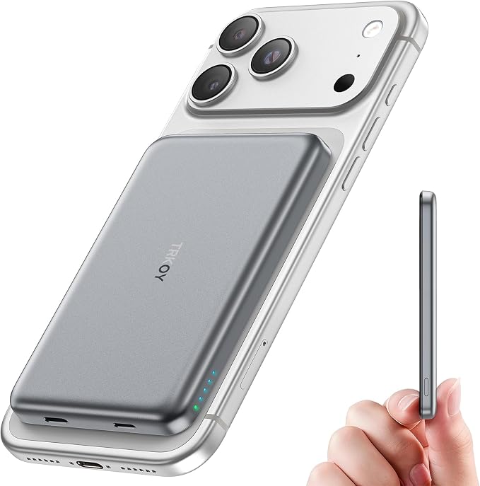 TRKOY for Magsafe Portable Charger,5000mAh Wireless Magnetic Power Bank with USB C Charging,Travel Essential for Magsafe Battery Pack Compatible with iPhone 17/16/15/14/13/12 Series,Silver Gray