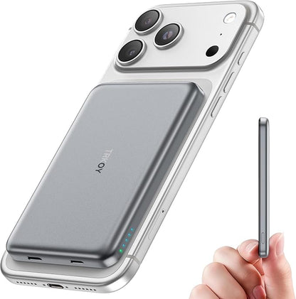 TRKOY for Magsafe Portable Charger,5000mAh Wireless Magnetic Power Bank with USB C Charging,Travel Essential for Magsafe Battery Pack Compatible with iPhone 17/16/15/14/13/12 Series,Silver Gray
