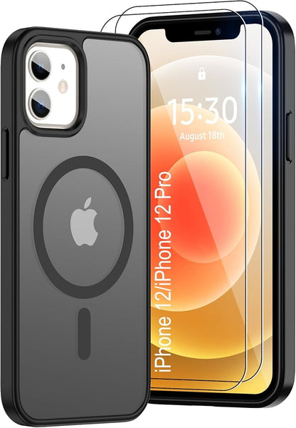 Pilaru for iPhone 12 Case & iPhone 12 Pro Case [Compatible with Magsafe] Translucent Matte Magnetic Case with Screen Protector,SlimThin Shockproof Protection Case for iPhone 12 & 12 Pro-Black