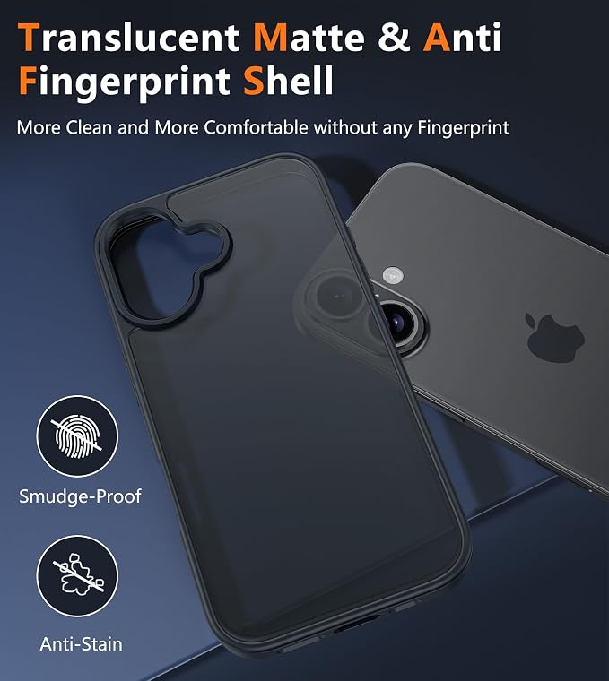 FNTCASE for iPhone 16 Phone Case: Matte Textured Slim Lightweight Translucent Military Grade Drop Protection Cell Phone Cover - Rugged Durable Shockproof Protective Bumper - Black Matte