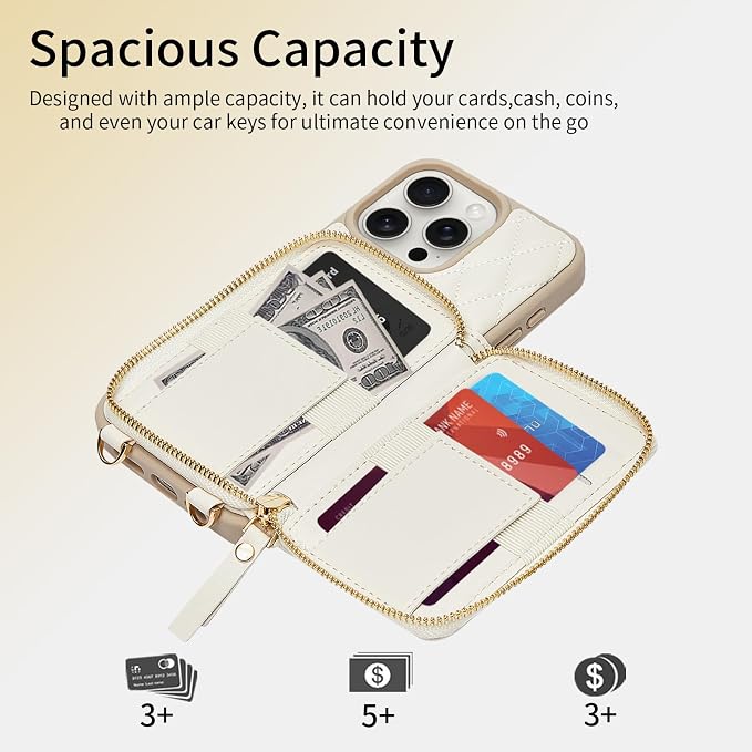 ZVE Compatible with iPhone 15 Pro Case Wallet for Women, PU Leather Shockproof Crossbody Phone Case with Card Holder for iPhone 15 Pro 6.1 Inch-Beige