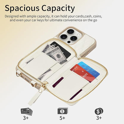 ZVE Compatible with iPhone 15 Pro Case Wallet for Women, PU Leather Shockproof Crossbody Phone Case with Card Holder for iPhone 15 Pro 6.1 Inch-Beige