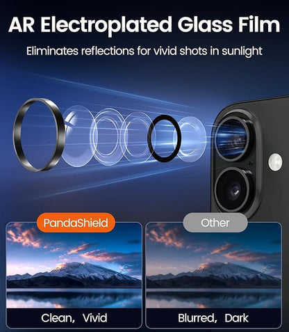 PandaShield 2-Pack Camera Lens Protector for iPhone 17/16/16 Plus, [Anti-Reflection & 98% High Transparency], 9H Explosion-Proof Glass, Anti-Scratch, Easy Installation, Case Friendly, Black