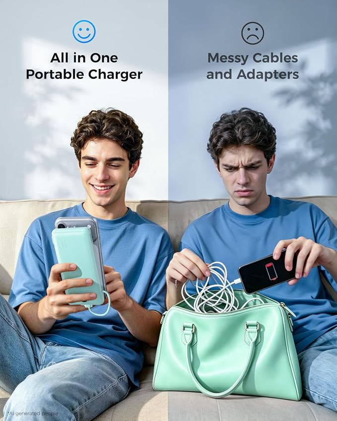 VEGER Portable Charger with Built-in AC Plug and Cables, All in One 10000mAh Ultra Slim Power Bank Travel Essentials, USB C External Battery Pack Compatible with iPhone, Samsung, More, Green
