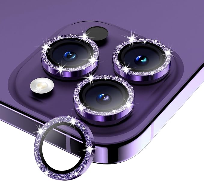 Camera Lens Protector for iPhone 17 Pro Max/17 Pro/16 Pro Max/16 Pro/15 Pro Max/15 Pro/14 Pro Max/14 Pro, Tempered Glass Metal Individual Cover[Anti-drop] Case Friendly-Glitter Deep Purple