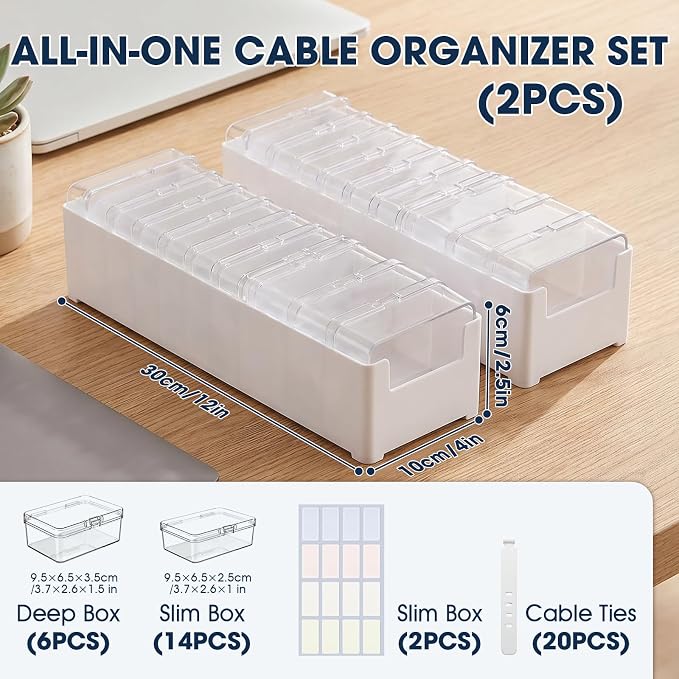 ARVOK 2 Sets Cable Organizer Box with 20 Adjustable Compartments，Cable | Storage Box with Lid,Solution for Cable Chaos Charging Cables, Organizer for Home Office Desk Organizers and Accessories