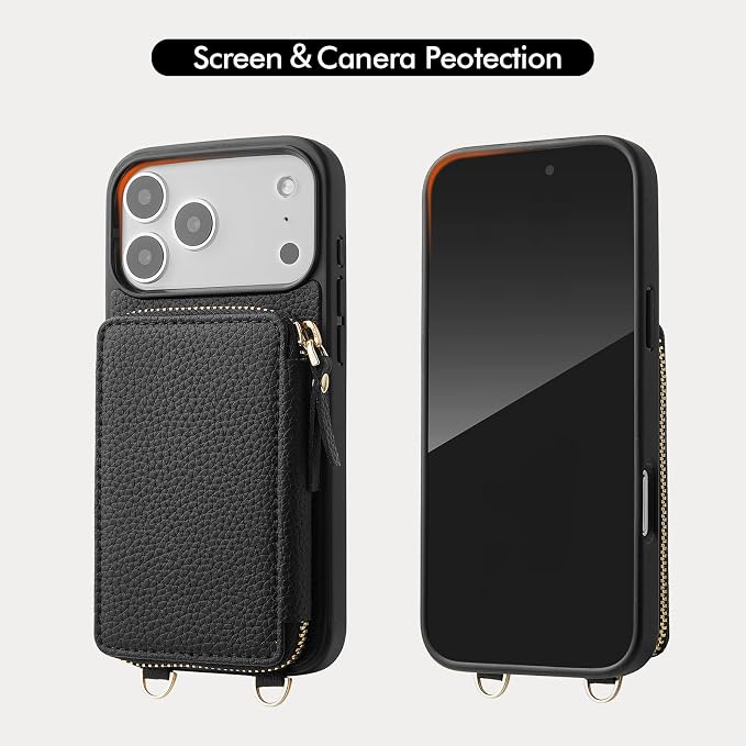 ZVE for iPhone 17 Pro Max Wallet Case Crossbody, Zipper Phone Cover with Wrist Strap RFID Blocking for 6.9" Black