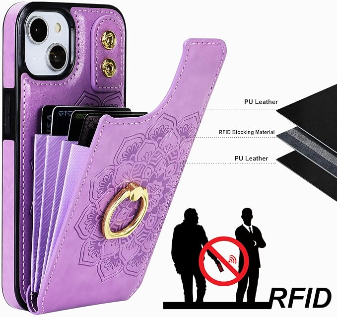HAOPINSH for iPhone 13/ iPhone 14 Wallet Case with Card Holder, 360°Rotation Ring Kickstand, Purple Mandala Pattern, RFID Blocking Leather for Girls Women, Double Buttons Flip Cover 6.1"