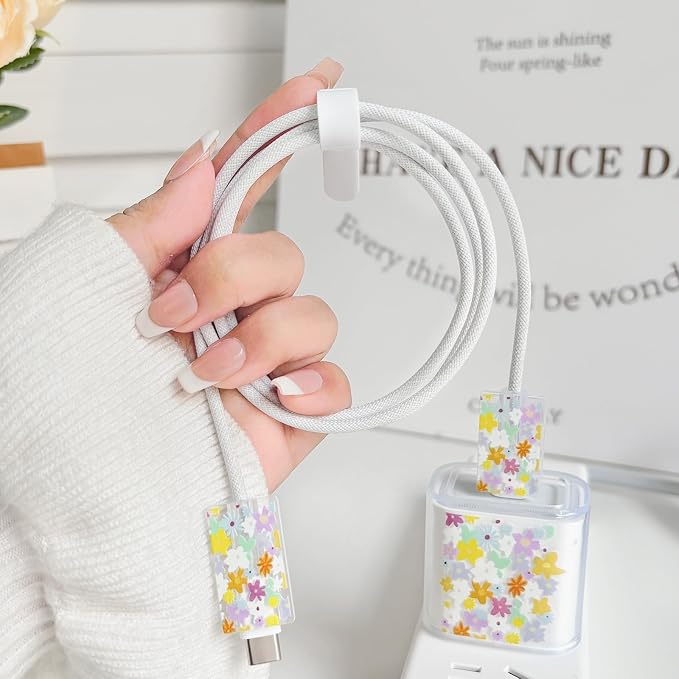 Lovmooful Compatible for iPhone 18W/20W USB-C Charger Cover Clear Lovely Flower Floral Design Soft Charger Protector Cute Cable Case Saver Protector for Girls Women-Color Flower