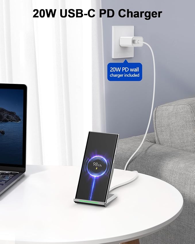 NANAMI Fast Wireless Charger, Charging Stand[with 20W PD Adapter] 7.5W Compatible with iPhone 17/17 Air/16/15/14/13/12, 10W for Samsung Galaxy S26/S26+/S26 Ultra/S25/S25 Ultra/S24/S23/S22/S21/S20