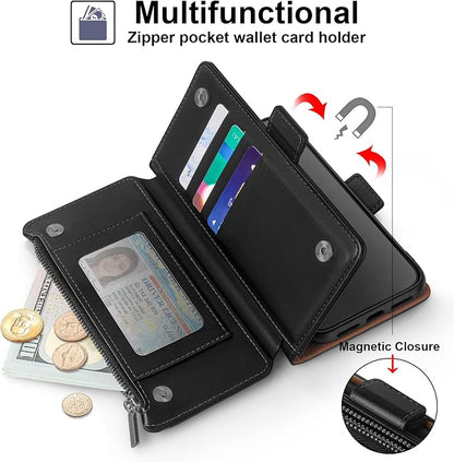 Antsturdy Compatible with iPhone 14 Wallet Case RFID Blocking,PU Leather Phone Case Women Men Flip Shockproof Cover with Wrist Strap Zipper Pocket Credit Card Holder Slots,for Apple 14 6.1" Black