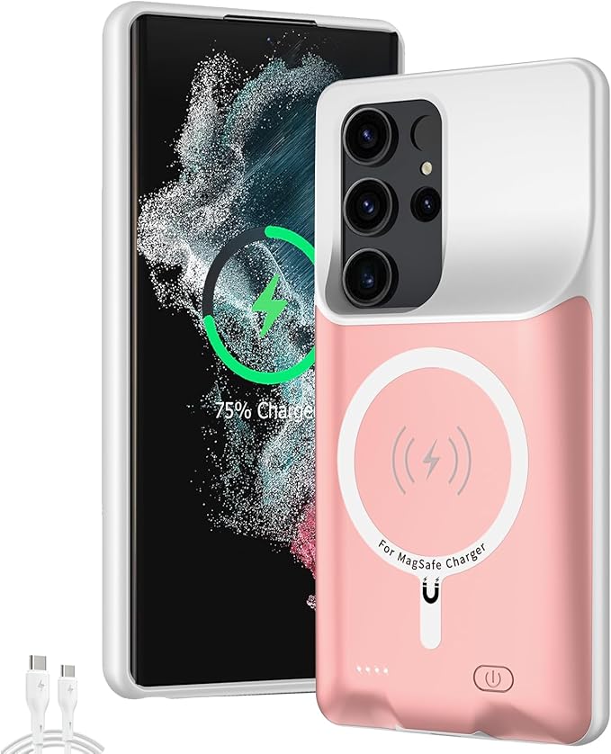 Battery Case for Galaxy S22 Ultra/S23 Ultra, [12000mAh] Slim Portable Protective Fast Charging Case Backup Power Bank Battery Case Compatible with Galaxy S22 Ultra/S23 Ultra-6.8 inch-Pink