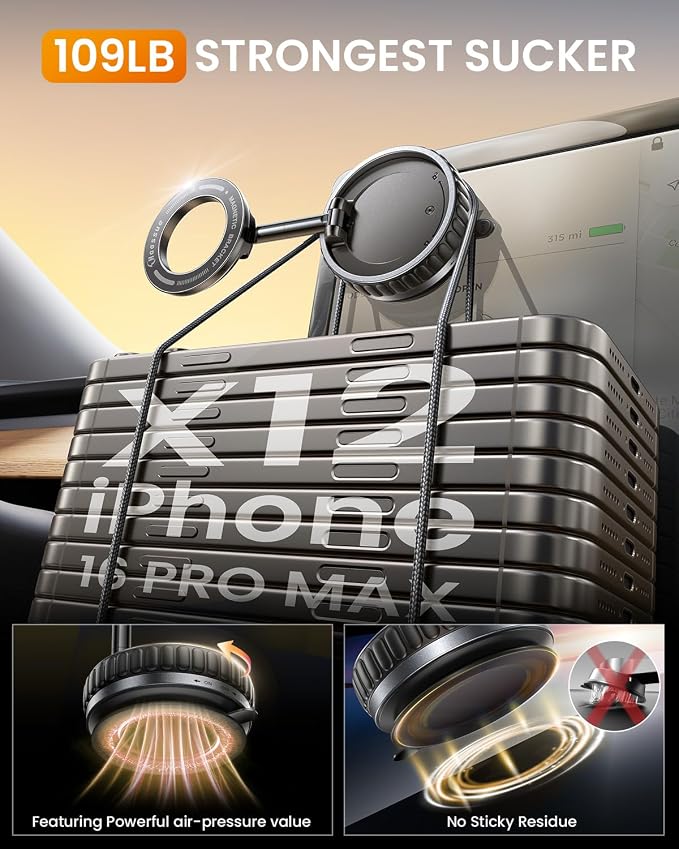 2026 Upgraded Vacuum Suction Phone Mount for Magsafe [109+LBS Strongest Suction], 360° Adjustable Foldable Magnetic Phone Holder for Your Car [24 N55 Stronger Magnets], for iPhone 17/16/15/14/13/12