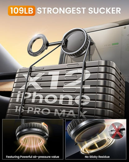 2026 Upgraded Vacuum Suction Phone Mount for Magsafe [109+LBS Strongest Suction], 360° Adjustable Foldable Magnetic Phone Holder for Your Car [24 N55 Stronger Magnets], for iPhone 17/16/15/14/13/12