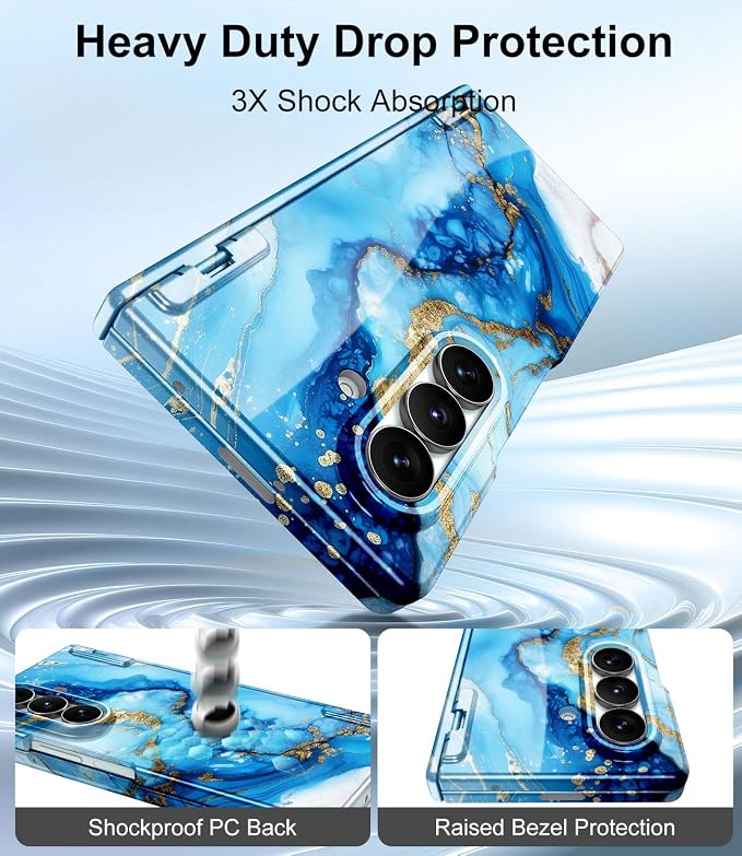 Btscase for Samsung Galaxy Z Fold 7 Case,Built in Front Screen Protector,Gold Glitter Marble Pattern Hard PC Slim Shockproof Full Body Drop Protective Case for Galaxy Z Fold 7 5G, Blue