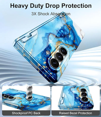 Btscase for Samsung Galaxy Z Fold 7 Case,Built in Front Screen Protector,Gold Glitter Marble Pattern Hard PC Slim Shockproof Full Body Drop Protective Case for Galaxy Z Fold 7 5G, Blue